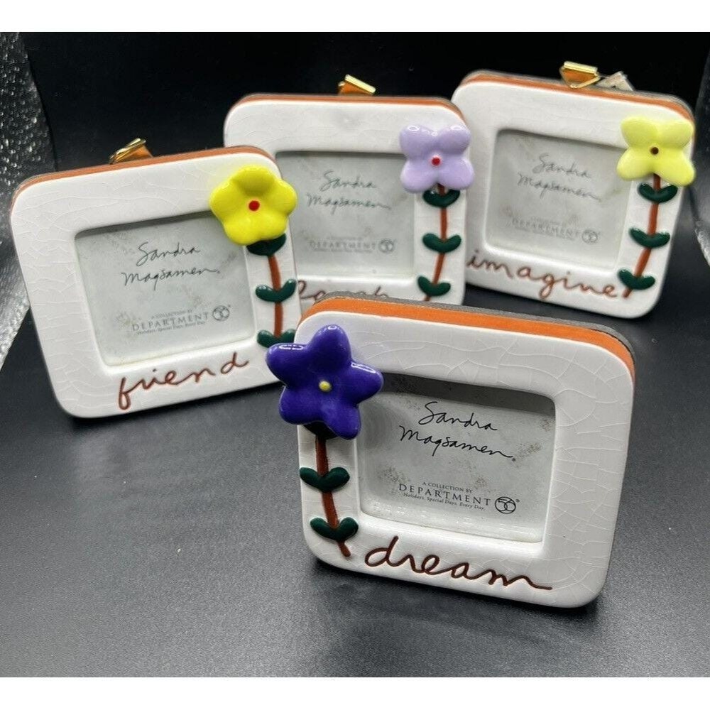 Dept 56 Flowers Picture Frame DREAM IMAGINE LAUGH FRIEND Sandra Magsamen ~ Set 4